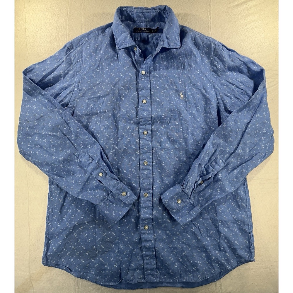 Polo Ralph Lauren Shirt Mens Large Anchor Linen Long Sleeve Casual Button Up